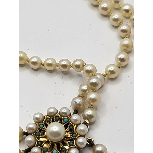 28 - Vintage Treble Row Cultured Pearls with 9ct Gold And Turquoise Clasp Weighs 80g