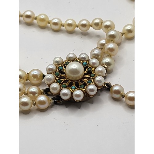 28 - Vintage Treble Row Cultured Pearls with 9ct Gold And Turquoise Clasp Weighs 80g