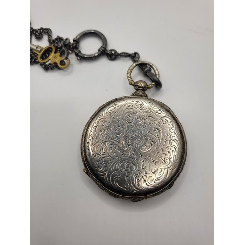 29 - White Metal Pocket Watch & Chain Not Working but Good Looking Condition