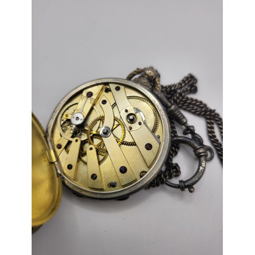 29 - White Metal Pocket Watch & Chain Not Working but Good Looking Condition