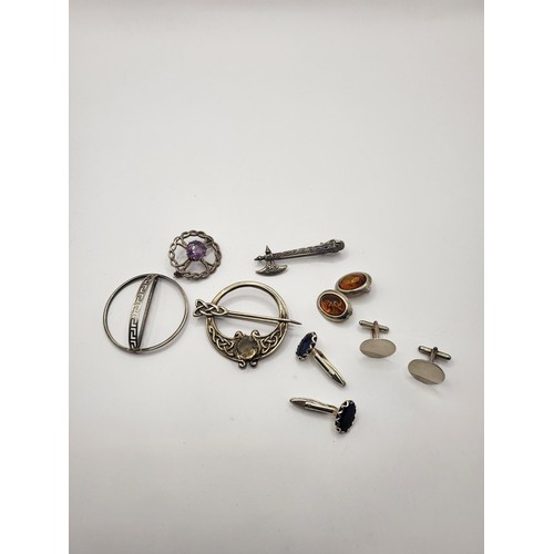 33 - Four Scottish Design Brooches along with Two Pairs of 925 Cuff Links & Amber Style Clip on Earri... 