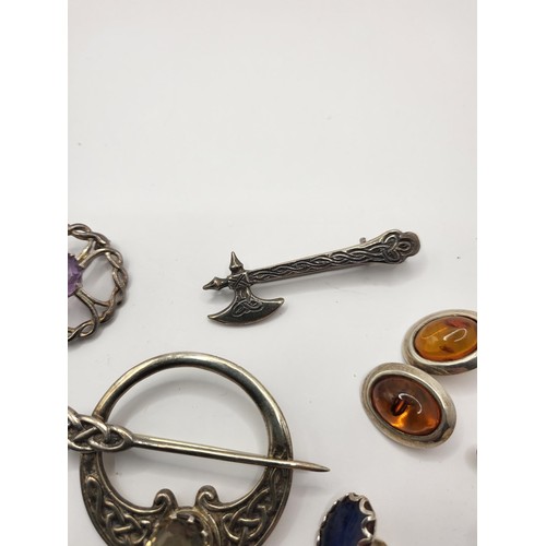 33 - Four Scottish Design Brooches along with Two Pairs of 925 Cuff Links & Amber Style Clip on Earri... 