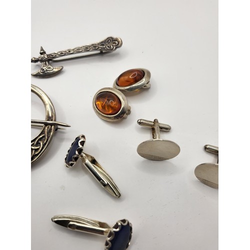 33 - Four Scottish Design Brooches along with Two Pairs of 925 Cuff Links & Amber Style Clip on Earri... 