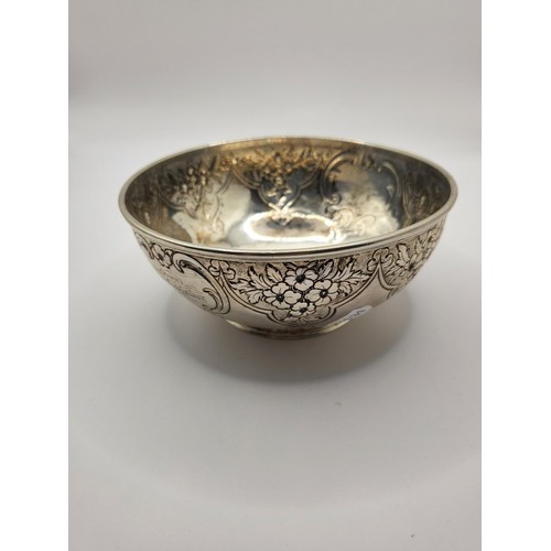 52 - Sterling Silver Bowl with Floral Design Weighs 199g Inscription says From Her Godfather 1862 the Ite... 