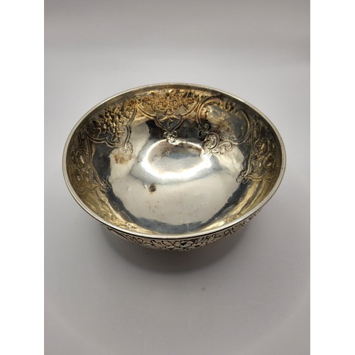 52 - Sterling Silver Bowl with Floral Design Weighs 199g Inscription says From Her Godfather 1862 the Ite... 