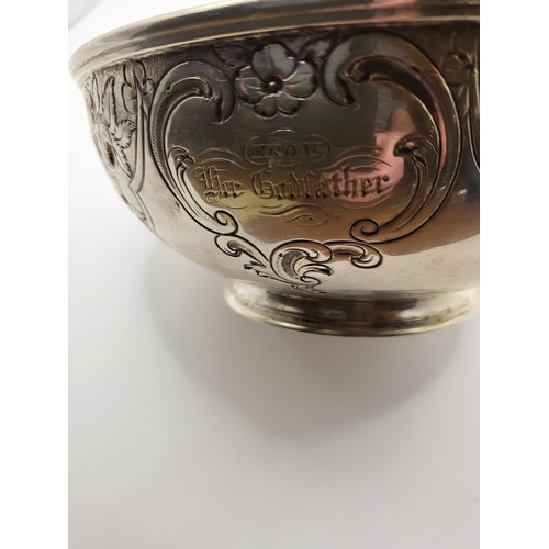 52 - Sterling Silver Bowl with Floral Design Weighs 199g Inscription says From Her Godfather 1862 the Ite... 