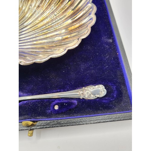 55 - Sterling Silver Shell Butter Dish & Knife Weighs 75g Measures 13cm Across in Case Fully Hallmark... 