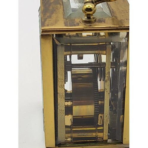 57 - Miniature Brass Carriage Clock in Perfect Working Order Measures 6cm Tall, 4.5cm Across, 4cm Deep