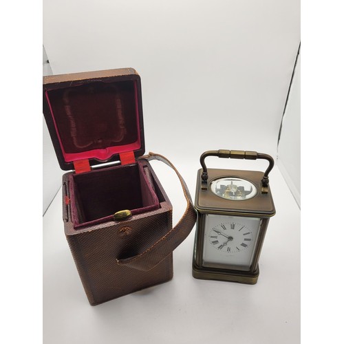 99 - Aiguilles Carriage Clock in Leather Case in Working Order Complete with Key Measures 11.5cm Tall 7.5... 