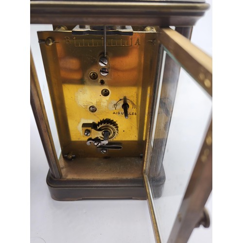 99 - Aiguilles Carriage Clock in Leather Case in Working Order Complete with Key Measures 11.5cm Tall 7.5... 