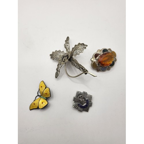 105 - Four Sterling Silver Brooches Includes Yellow Enamel Butterfly by John Atkins & Sons , Citrine &... 