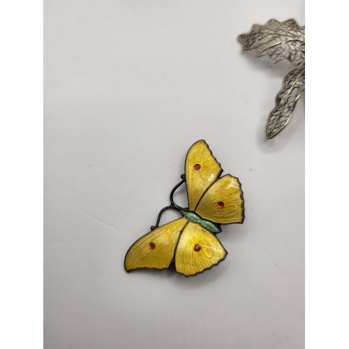 105 - Four Sterling Silver Brooches Includes Yellow Enamel Butterfly by John Atkins & Sons , Citrine &... 