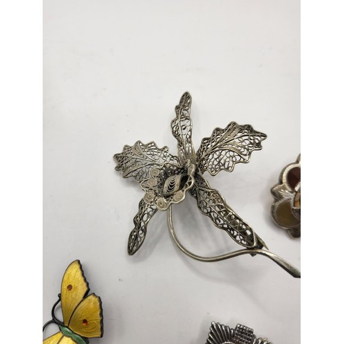 105 - Four Sterling Silver Brooches Includes Yellow Enamel Butterfly by John Atkins & Sons , Citrine &... 