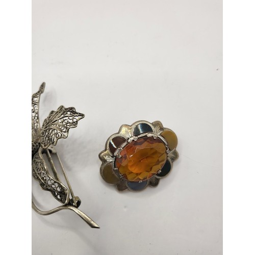 105 - Four Sterling Silver Brooches Includes Yellow Enamel Butterfly by John Atkins & Sons , Citrine &... 