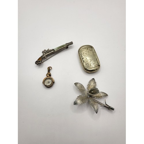 108 - Small Lot of White Metal & Plated Items Includes Pistol Brooch, Snuff Box, Flower Brooch, Bloods... 