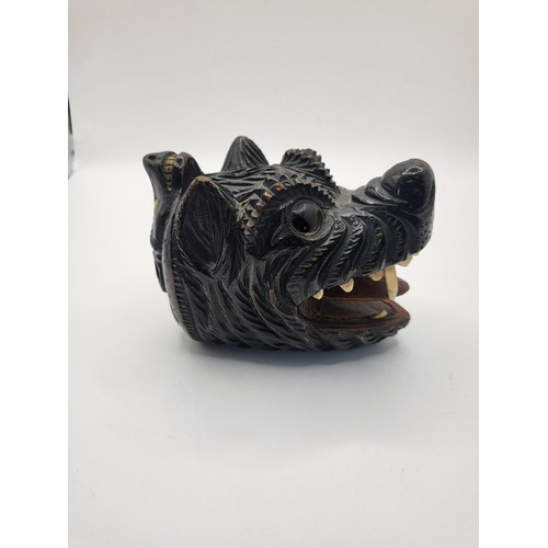 94 - Victorian Wooden Novelty Wolf Snuff Box with Bone Teeth & Glass Eyes Hinged Lid to Reverse Carve... 