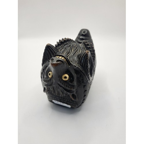 94 - Victorian Wooden Novelty Wolf Snuff Box with Bone Teeth & Glass Eyes Hinged Lid to Reverse Carve... 