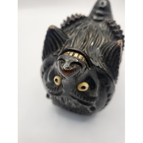 94 - Victorian Wooden Novelty Wolf Snuff Box with Bone Teeth & Glass Eyes Hinged Lid to Reverse Carve... 