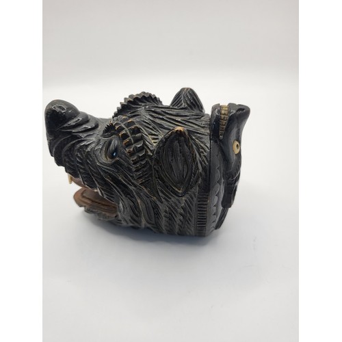 94 - Victorian Wooden Novelty Wolf Snuff Box with Bone Teeth & Glass Eyes Hinged Lid to Reverse Carve... 