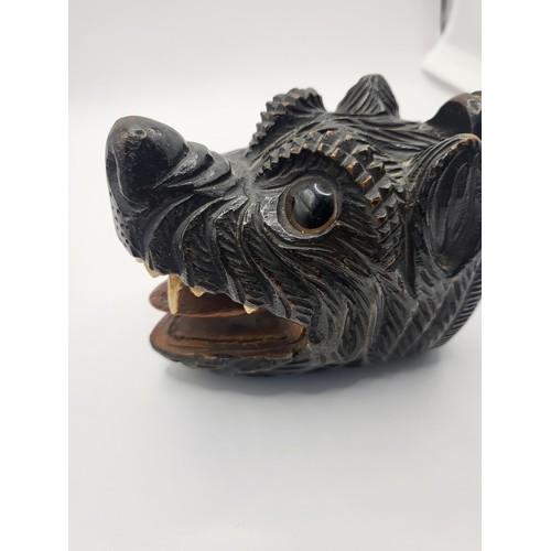 94 - Victorian Wooden Novelty Wolf Snuff Box with Bone Teeth & Glass Eyes Hinged Lid to Reverse Carve... 