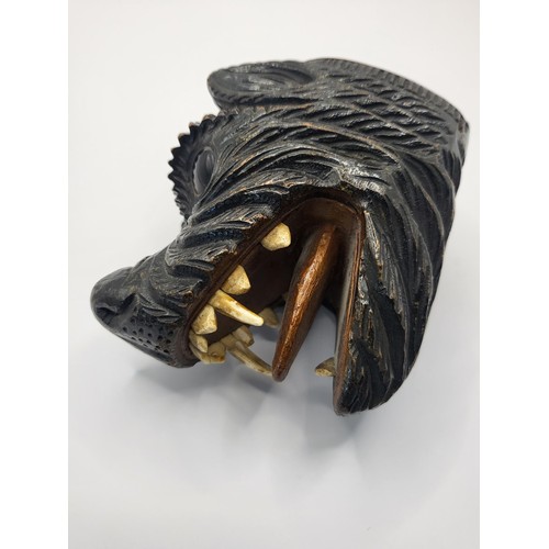 94 - Victorian Wooden Novelty Wolf Snuff Box with Bone Teeth & Glass Eyes Hinged Lid to Reverse Carve... 