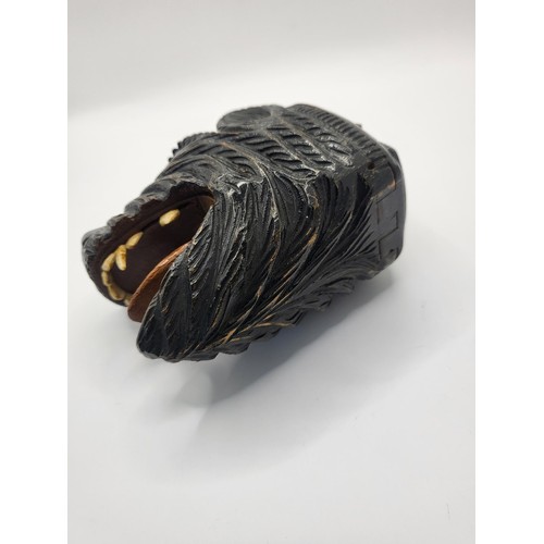 94 - Victorian Wooden Novelty Wolf Snuff Box with Bone Teeth & Glass Eyes Hinged Lid to Reverse Carve... 