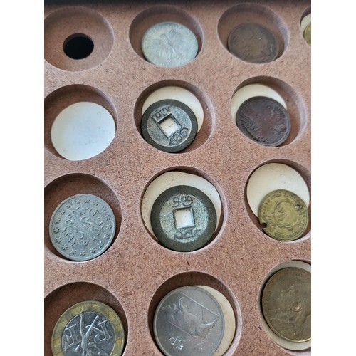 19 - Collection of Coins in Drawer Cabinet Mix Different Nationalities Includes British, Chinese, Europea... 