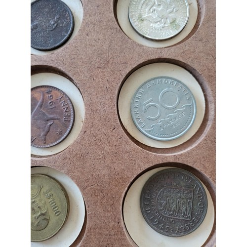 19 - Collection of Coins in Drawer Cabinet Mix Different Nationalities Includes British, Chinese, Europea... 