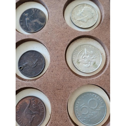 19 - Collection of Coins in Drawer Cabinet Mix Different Nationalities Includes British, Chinese, Europea... 