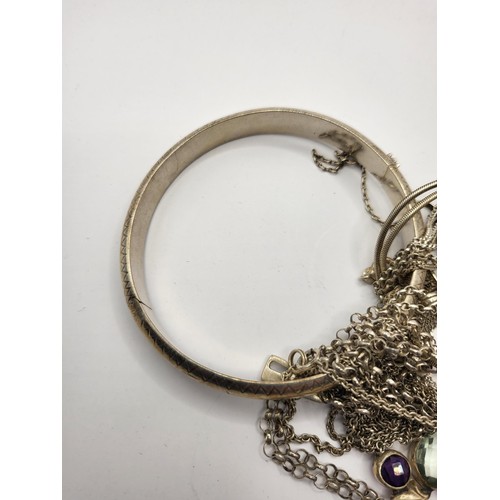 46 - Collection of Silver jewellery Includes Bangles, Necklaces & Pendants, Rings Etc Untangling Proj... 