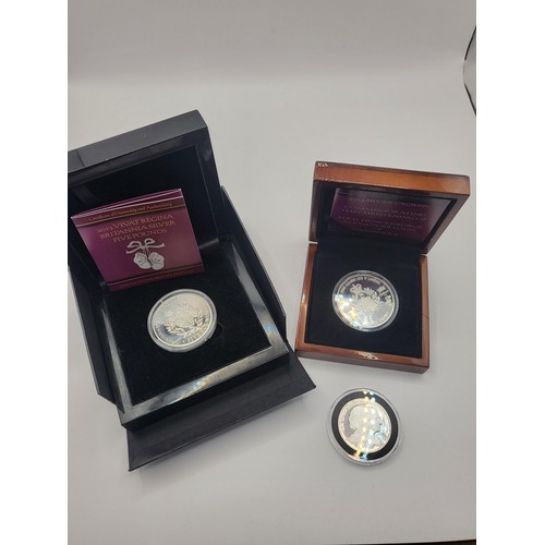 147 - Three Silver Royal Coins Includes 2013 Silver Crown, 2013 Vivat Regina Britannia Silver Five Pound, ... 