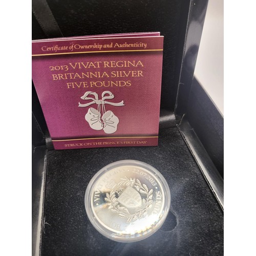 147 - Three Silver Royal Coins Includes 2013 Silver Crown, 2013 Vivat Regina Britannia Silver Five Pound, ... 