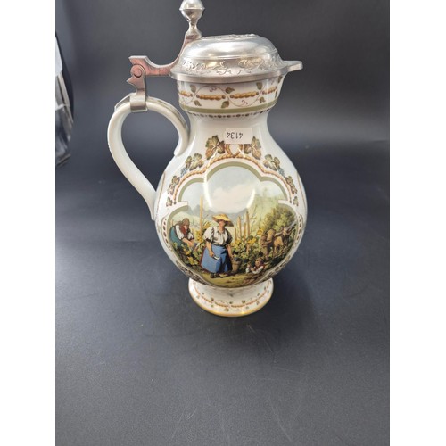 56 - Wine Stein Weinlese Porcelain & Pewter Franklin Mint by Rupert Schneider Height 29cm