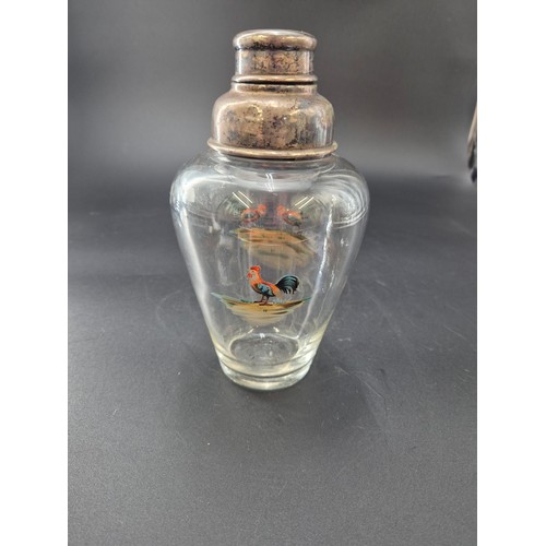 57 - Art Deco Glass Decanter with Silver Plated Lid & Hand Painted Cockerel Height 21cm x Width at Wi... 