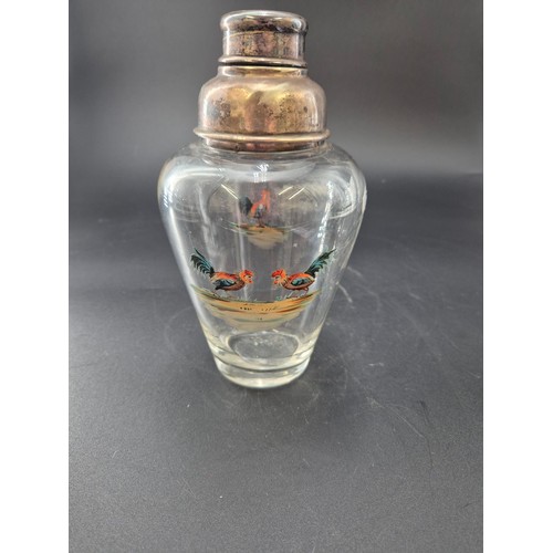 57 - Art Deco Glass Decanter with Silver Plated Lid & Hand Painted Cockerel Height 21cm x Width at Wi... 