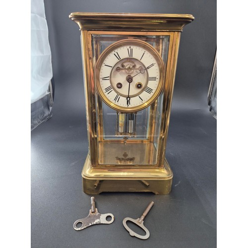 59 - Large Four Beveled Glass Brass Mantle Clock with Mercury Pendulum Height 33m x Width 16cm x Breadth ... 