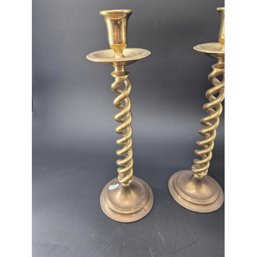 60 - Pair Barley Twist Brass Candle Sticks Height 37cm