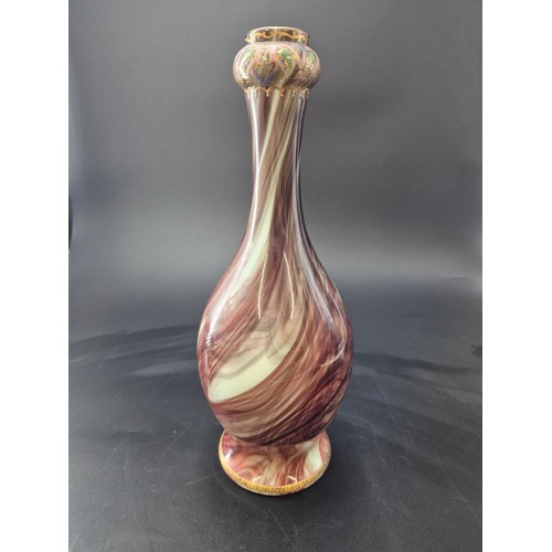 62 - Antique Pear Shaped Onyx Glass Vase with Brown Swirling Enameled with a Patterned Band Height 34cm