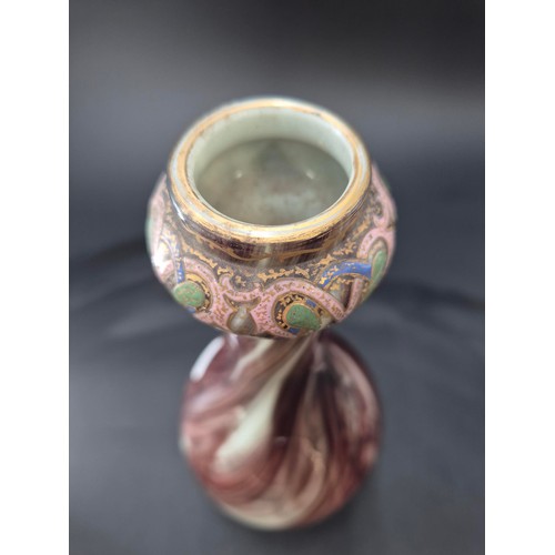 62 - Antique Pear Shaped Onyx Glass Vase with Brown Swirling Enameled with a Patterned Band Height 34cm