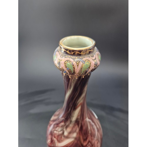 62 - Antique Pear Shaped Onyx Glass Vase with Brown Swirling Enameled with a Patterned Band Height 34cm