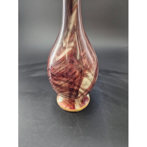 62 - Antique Pear Shaped Onyx Glass Vase with Brown Swirling Enameled with a Patterned Band Height 34cm