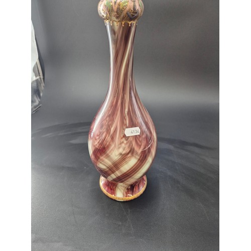 62 - Antique Pear Shaped Onyx Glass Vase with Brown Swirling Enameled with a Patterned Band Height 34cm