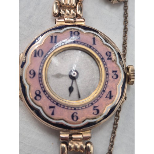 15 - 9ct Gold & Pink Enamel Ladies Watch Plated Strap