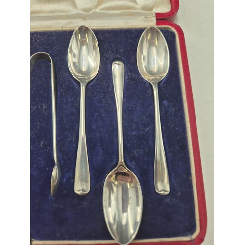 21 - Cased Box of Sterling Silver Teaspoons & Tongs Weighs 84g