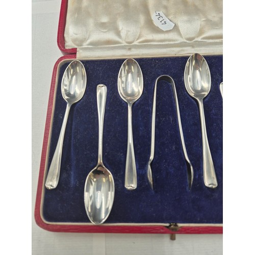 21 - Cased Box of Sterling Silver Teaspoons & Tongs Weighs 84g