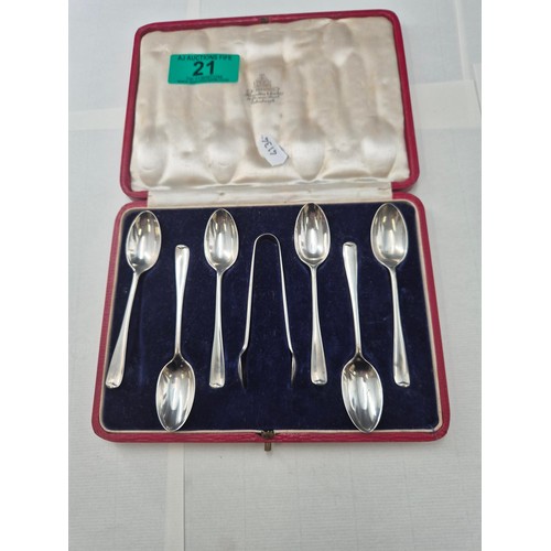 21 - Cased Box of Sterling Silver Teaspoons & Tongs Weighs 84g