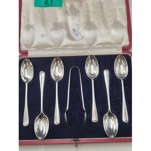 21 - Cased Box of Sterling Silver Teaspoons & Tongs Weighs 84g