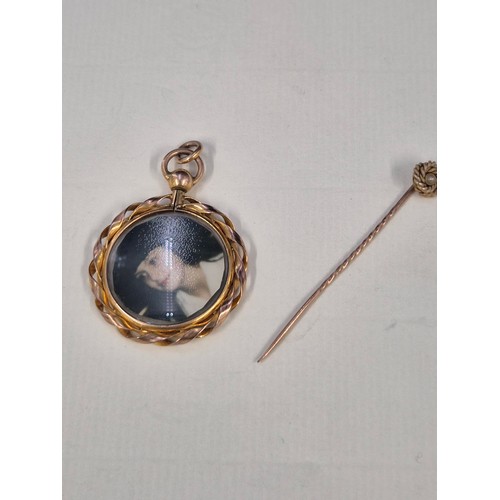 43 - Two Yellow Metal Items Includes Pendant with Photo & Hair & Pin Both Possibly Gold But Not H... 