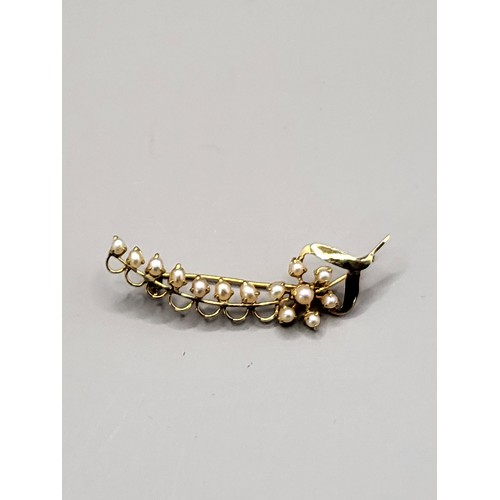 13 - High Carat Seed Pearl Brooch Measures 5.5cm Long With 14 Pearls Unhallmarked Weighs 4.8g