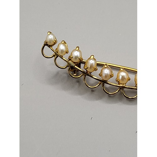 13 - High Carat Seed Pearl Brooch Measures 5.5cm Long With 14 Pearls Unhallmarked Weighs 4.8g